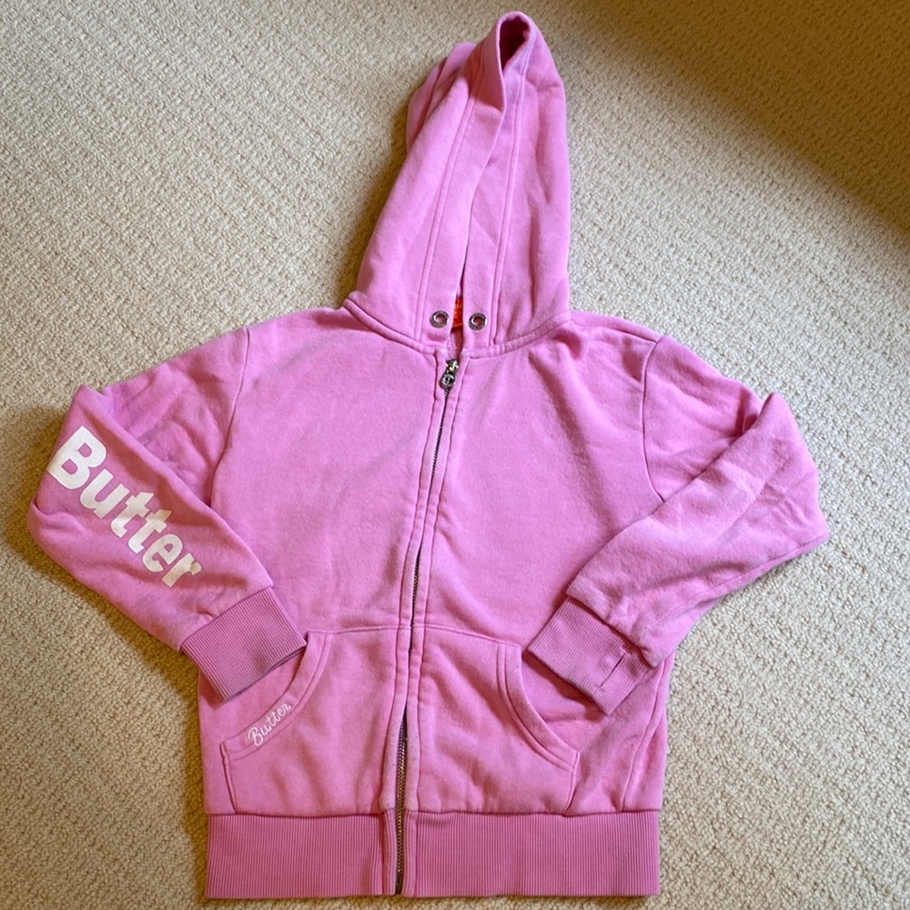 Butter girls pink hooded sweatshirt with rhinestone sneaker design size 5